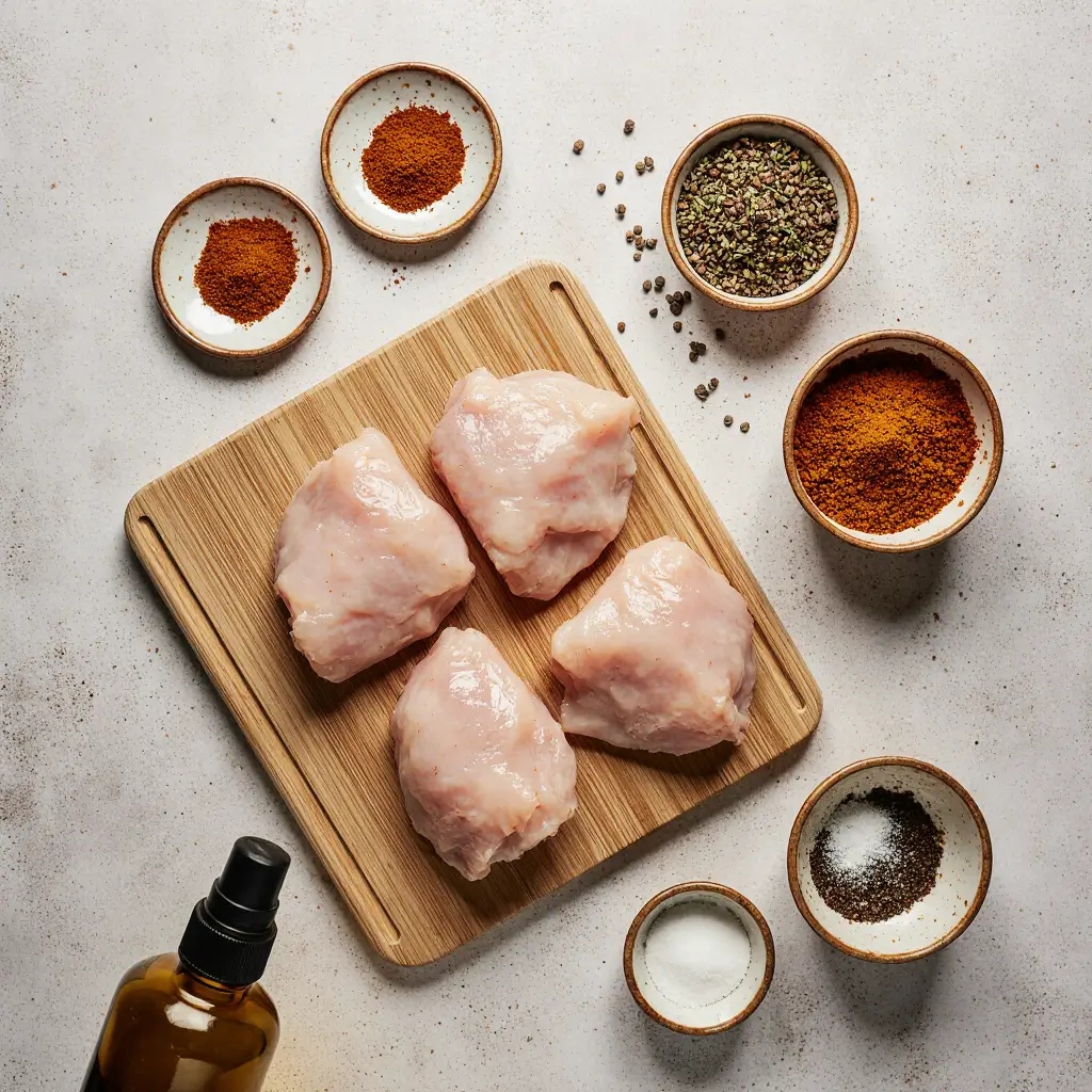 Air fryer chicken thigh ingredients with spices and olive oil spray.