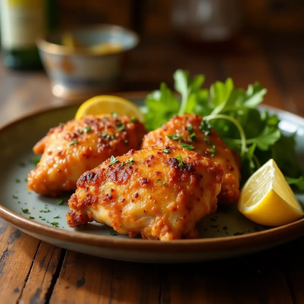 Crispy golden air fryer chicken thighs served with salad and lemon wedges on a rustic plate.