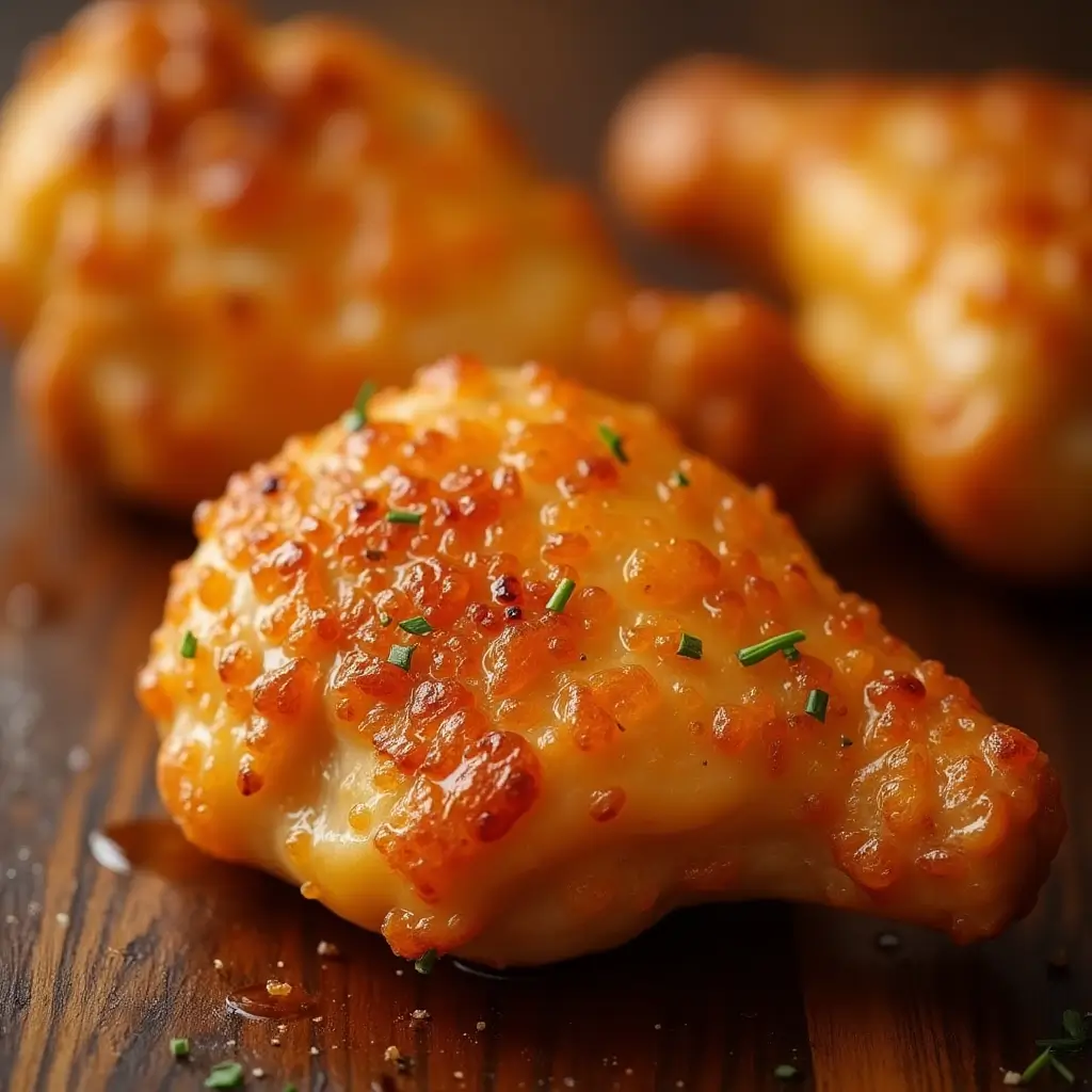 Close-up of crispy golden air fryer chicken thighs with juicy texture.