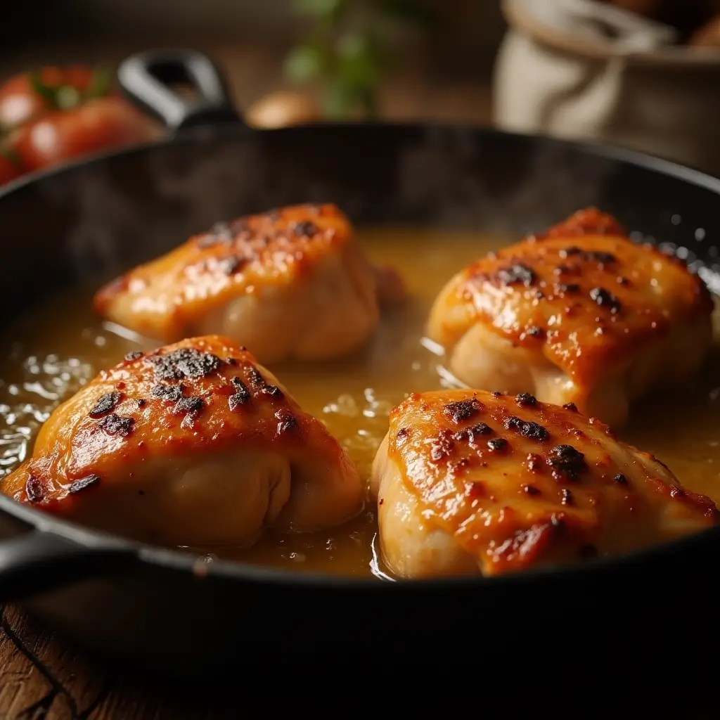 Chicken thighs browning with golden skin in a cast iron Dutch oven for Filipino Chicken Adobo.