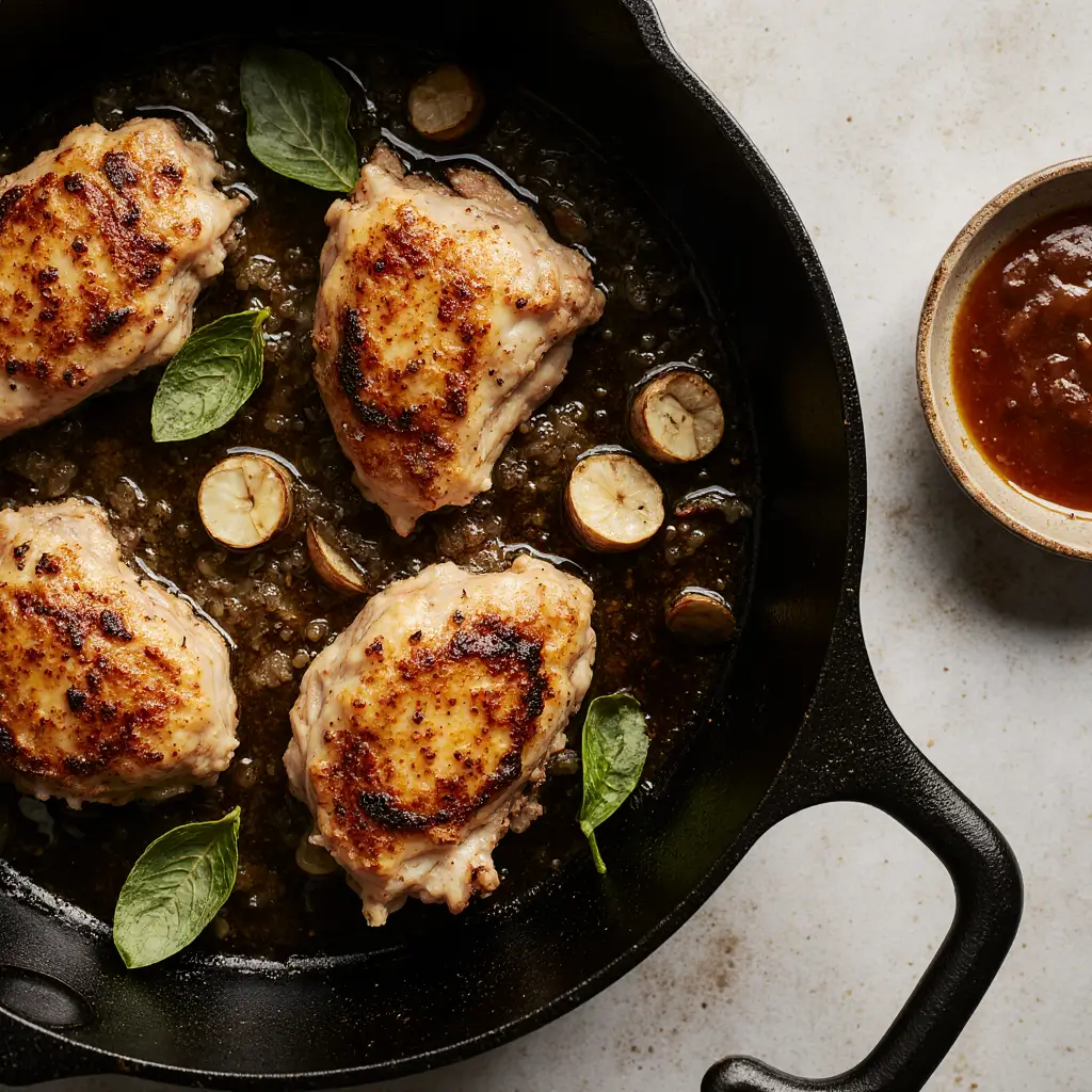 Close-up of Filipino Chicken Adobo cooking process: chicken thighs browning with golden skin, garlic, onions, and bay leaves sizzling in chicken fat, with oyster sauce on the side.