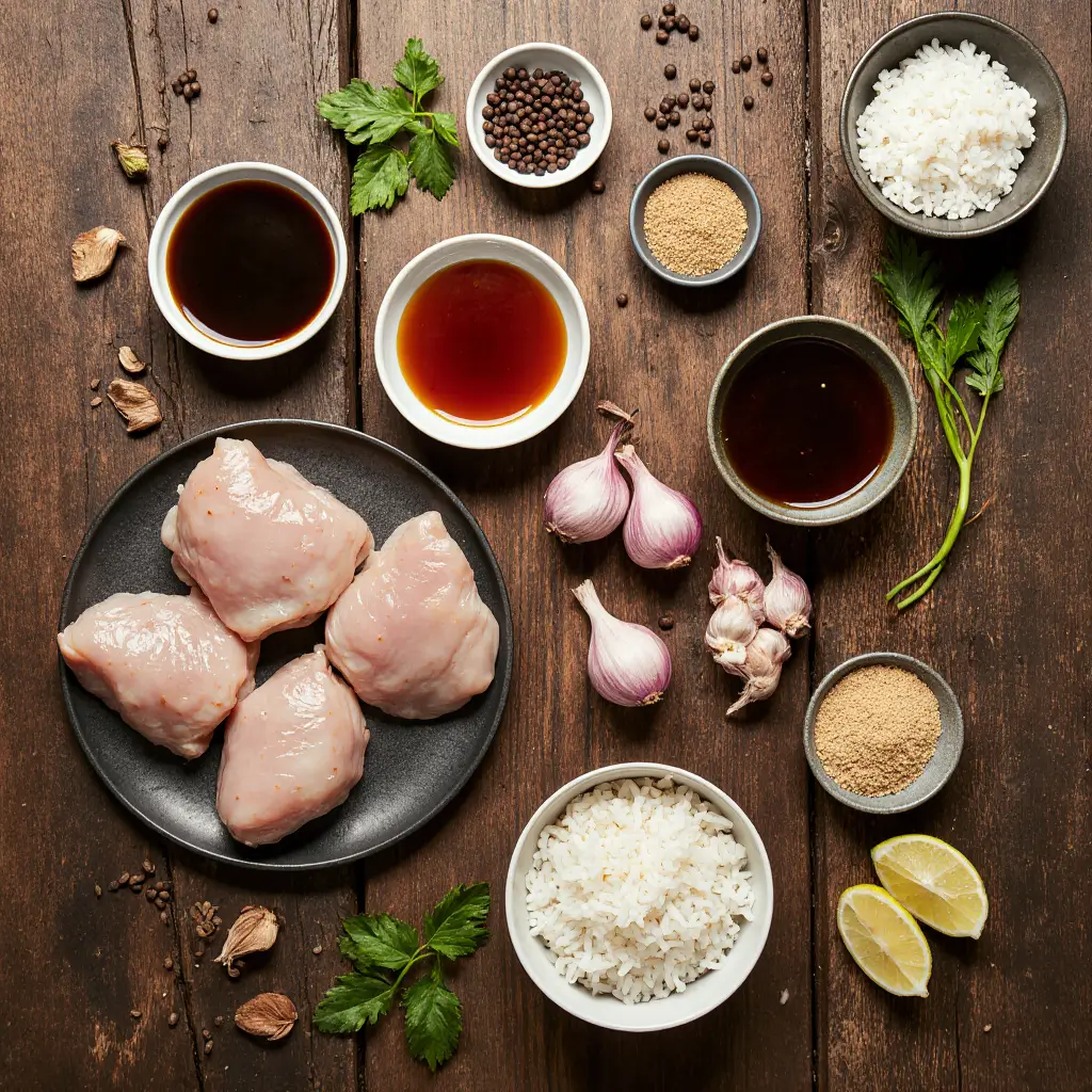 Flat lay of Filipino Chicken Adobo ingredients including raw chicken thighs, soy sauce, cane vinegar, garlic, onion, bay leaves, peppercorns, brown sugar, oyster sauce, steamed rice, green onions, and lime wedges arranged on a rustic surface.
