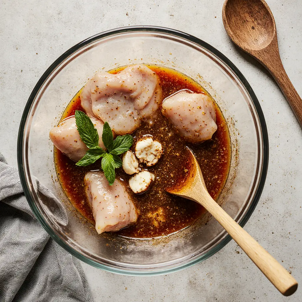 Raw chicken thighs marinating in soy sauce, vinegar, garlic, and bay leaves in a glass bowl.